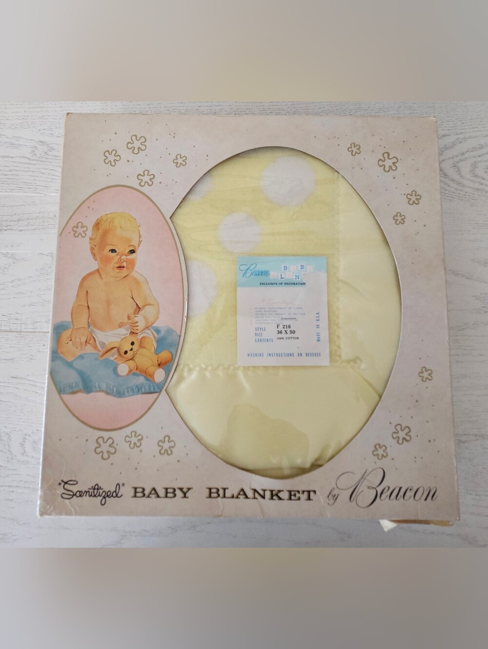 Vintage Beacon 100% Cotton Baby Blanket Yellow Trim 36"x50" F216 NWT Old Stock
